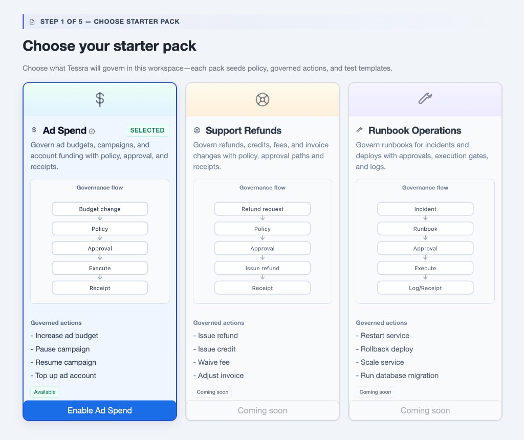 Tessra starter pack selection screen with Ad Spend selected
